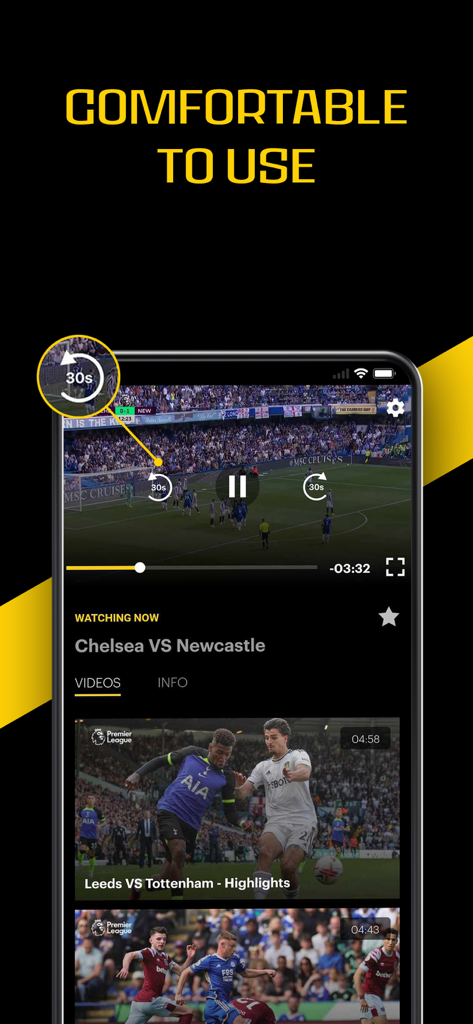 Mobile phone displaying Setanta Sports app with a live soccer match and video playback controls