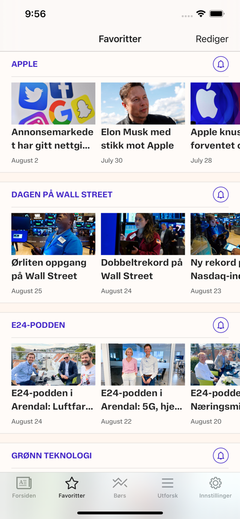E24 - nyheter om økonomi - Écran des favoris de l'application financière E24 montrant des actualités économiques et des podcasts sélectionnés