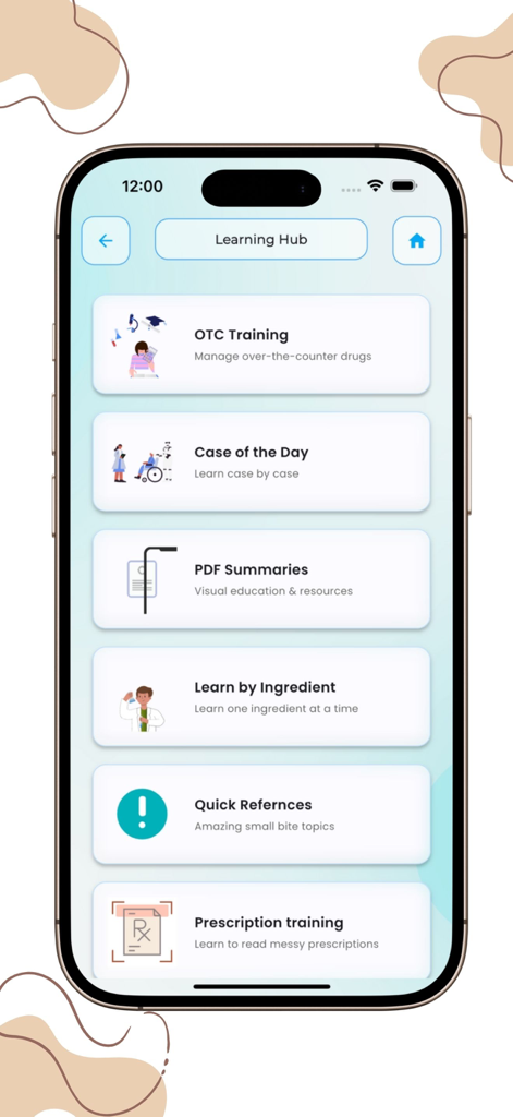 MediHelp: Drug Guide & Dosing - MediHelp app interface showing the Learning Hub with modules for OTC training and clinical cases