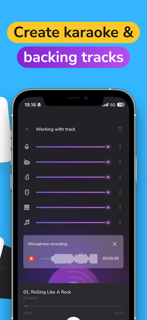 Vocal Remover AI-Remove Voice - Mobile app interface for adjusting song stems and recording vocals to create custom backing tracks.