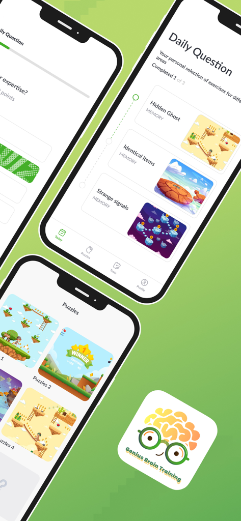 Genius Brain Training - Mobile phone screens showing cognitive training exercises and memory puzzles from the Genius Brain Training app