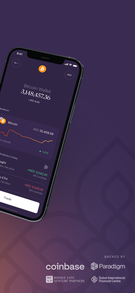 Rain mobile app Bitcoin wallet interface showing account balance in AED and list of institutional backers