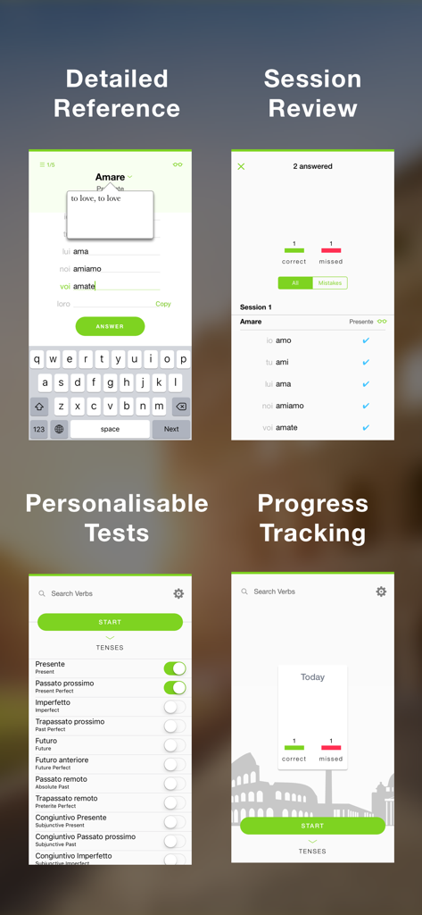 Conjuu - Italian Conjugation - Four screens from the Conjuu app showing Italian verb practice results and personalized test settings
