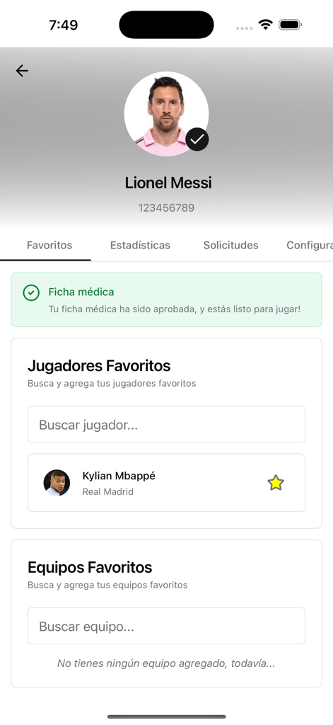 Campa - Pantalla de perfil de usuario de la app de fútbol Campa mostrando estado médico y jugadores favoritos