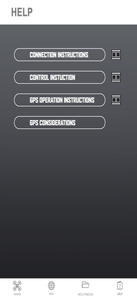 Tela de ajuda do aplicativo SYMA FLY mostrando instruções de conexão e operação do drone