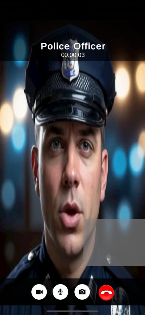 Fake Police Video Call - A realistic video call screen showing a police officer in uniform with a call timer and control icons.