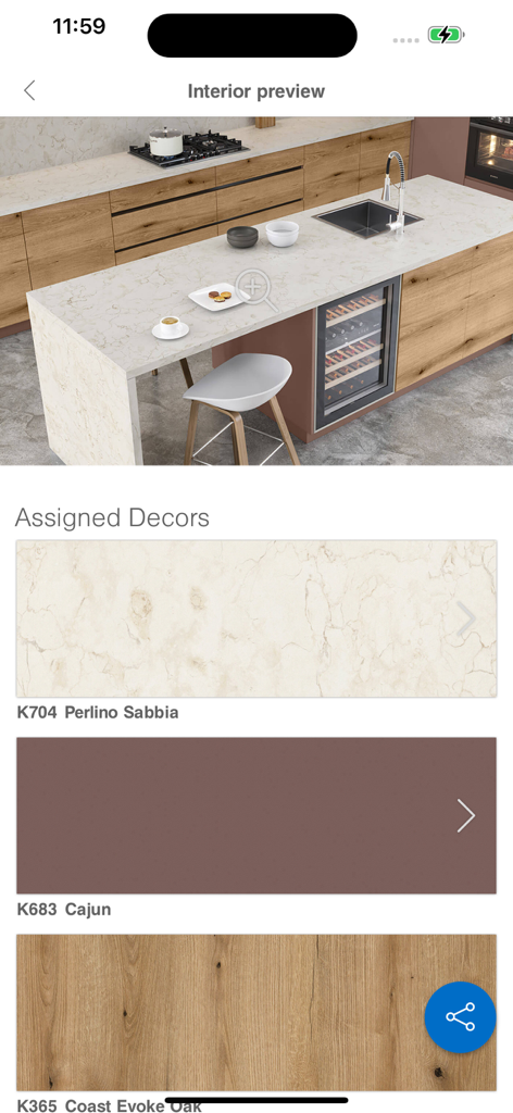 Kronodesign - Kronodesignアプリのインテリアプレビュー。木材、大理石、無地の素材デコールが割り当てられたモダンなキッチンが表示されています。