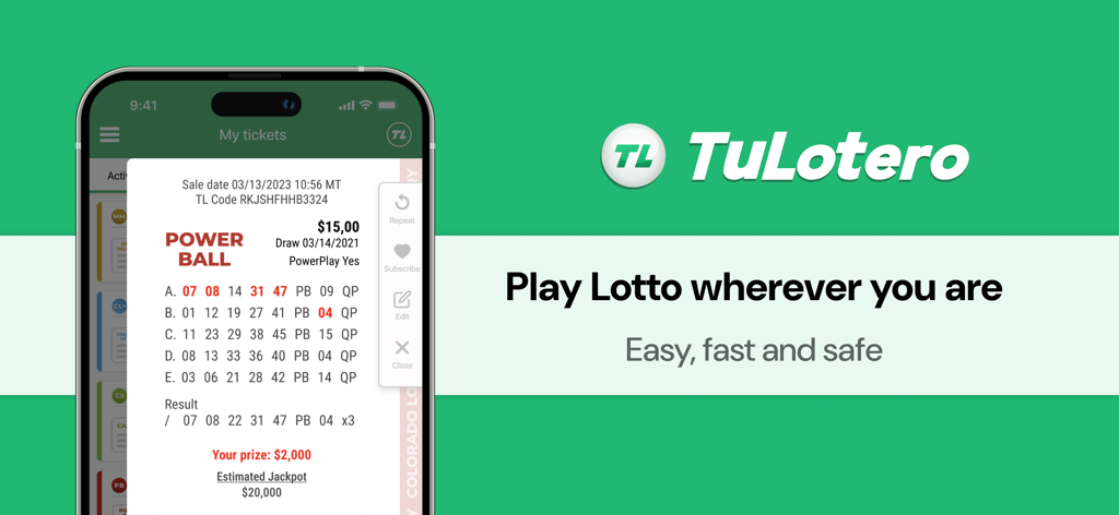 TuLotero Lottery App - Promozione dell'app TuLotero che mostra un biglietto digitale Powerball su uno smartphone con il testo Gioca alla lotteria ovunque tu sia