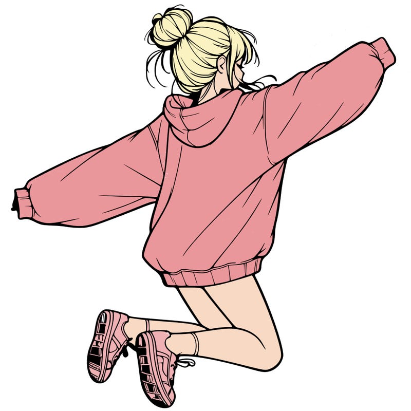 realistic girl jumping with a bun and oversized sweatshirt
