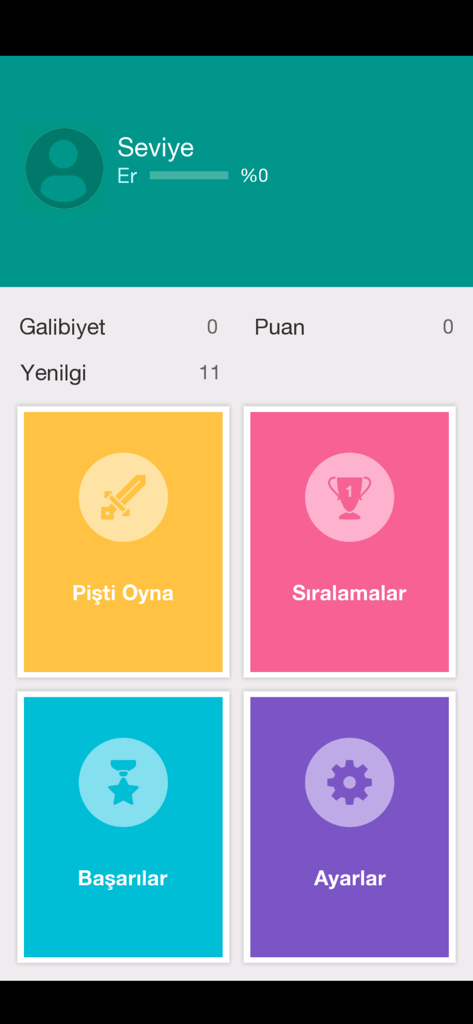 Pişti - İnternetsiz - Hauptmenü der Pisti-Kartenspiel-App mit Optionen für Spiel-Ranglisten, Erfolge und Einstellungen