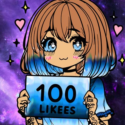anima girl holding a 100 likes sign in her hand