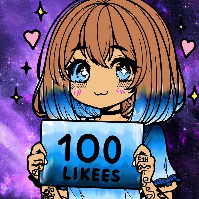 anima girl holding a 100 likes sign in her hand