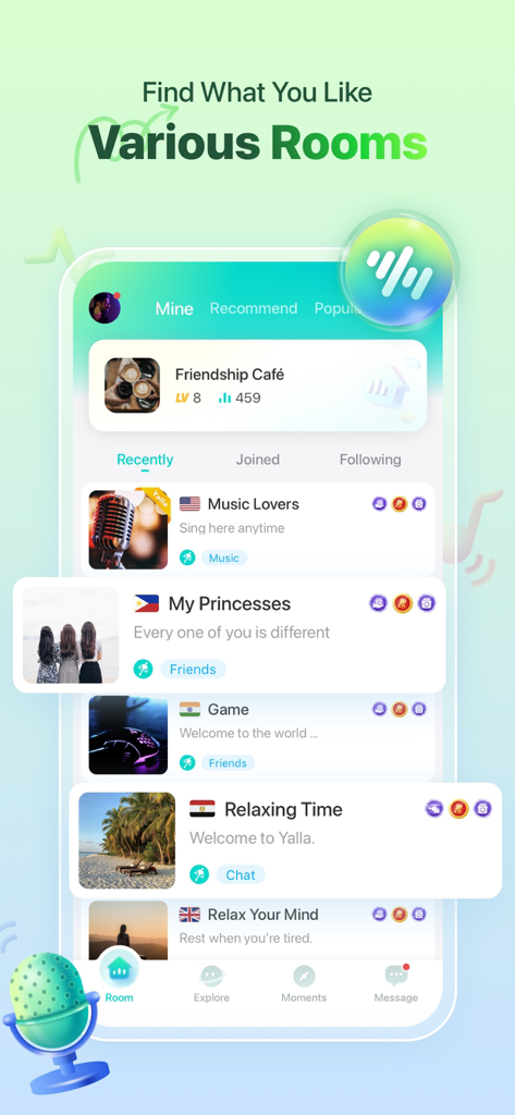 Interface of Yalla app showing a list of different themed voice chat rooms for socializing