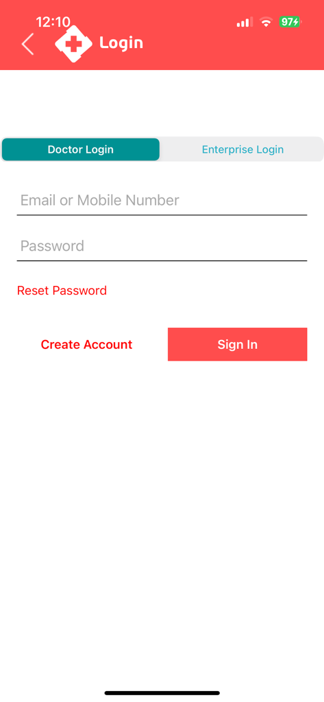 Login-Bildschirm für die Clinicia Praxismanagement-App mit Anmeldefeldern für Ärzte