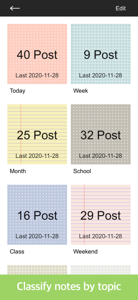 Cream Note - Cream Noteアプリで、トピックごとに整理された、パステルカラーとパターンのデザイン性のあるノートボードのグリッド。