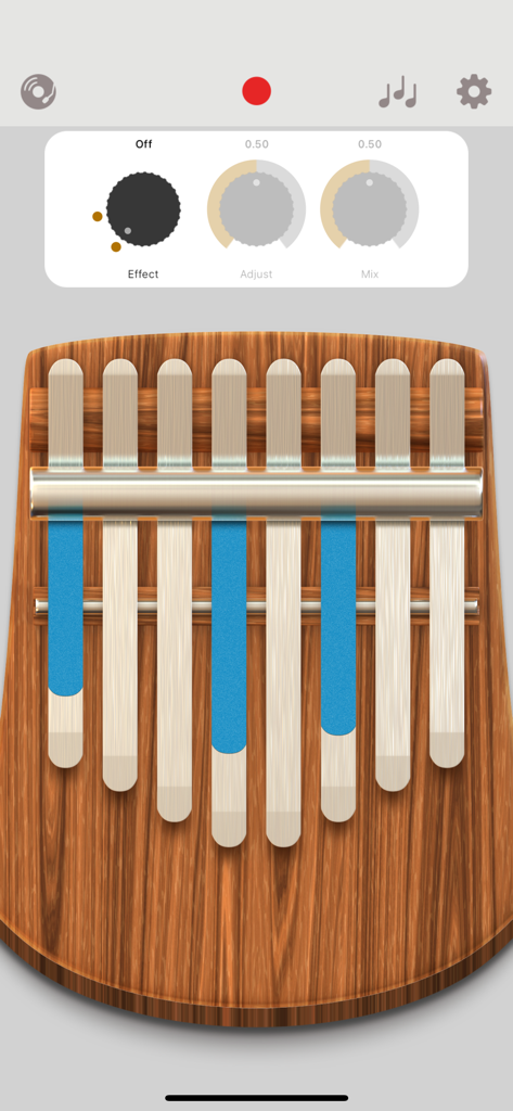 Kalimba Pro - Interfaz de instrumento de kalimba digital con textura de madera y configuración de efectos de sonido