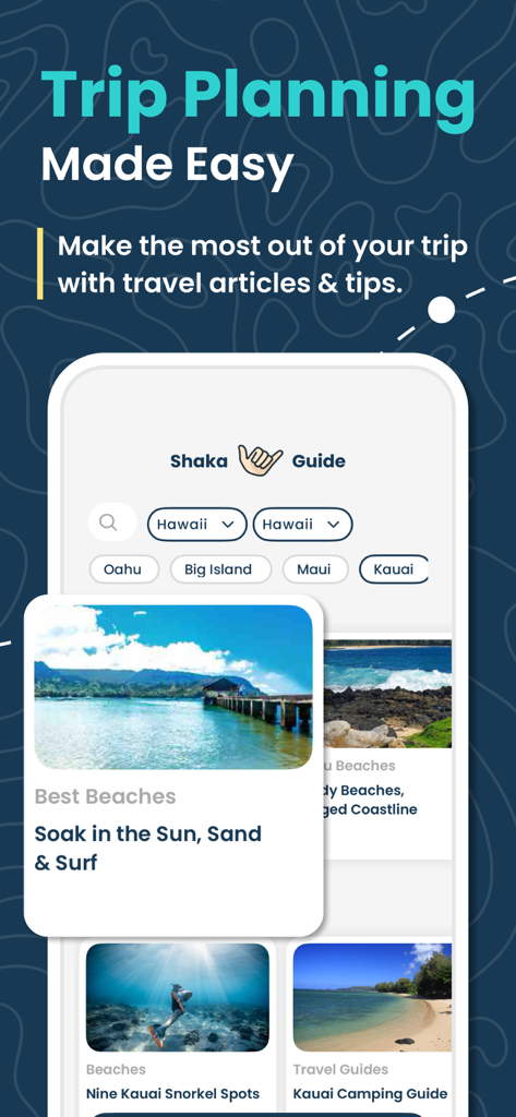 Shaka Kauai Audio Tour Guide - App interface of Shaka Guide showing travel articles and guides for Kauai beaches and camping.