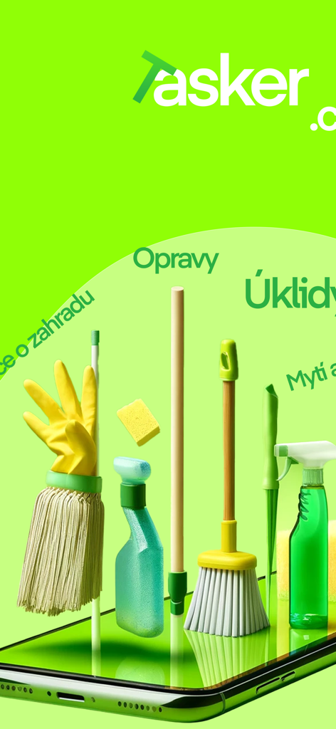 Tasker ČR - Smartphone screen with 3D cleaning and maintenance tools for the Tasker home services app
