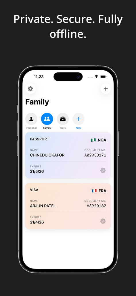 FlyID - FlyID App-Oberfläche mit Profilen für Familienreisende, die gespeicherte Pass- und Visa-Dokumente anzeigt