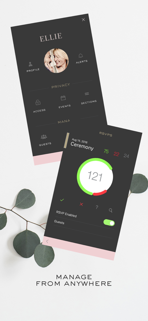 Appy Couple Wedding App - Interfaccia dell'app per matrimoni Appy Couple che mostra il tracker RSVP e la dashboard di gestione degli invitati.