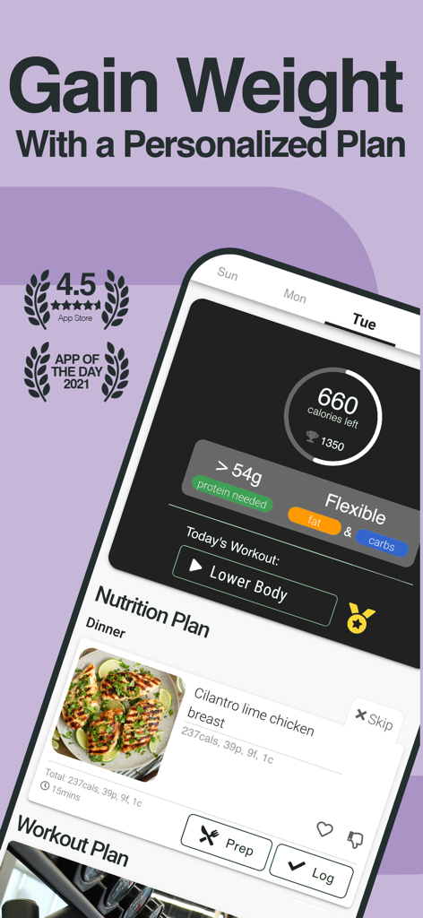 The Weight Gain App interface showing calorie and macro tracking with personalized meal and workout plans