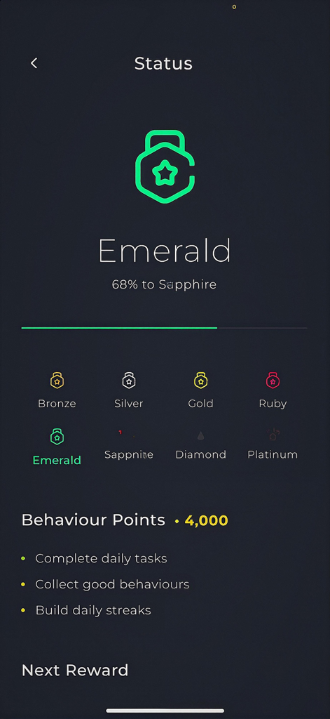 Pouch - Pouch app status screen showing the emerald level and behavior points earned through positive financial habits.