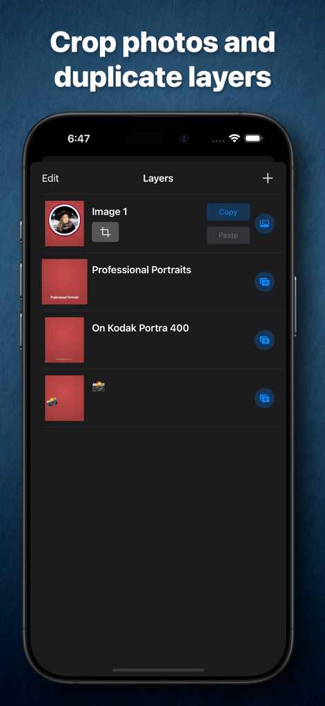 Like A Frame - Interface of the Like A Frame app showing layers management and photo cropping options.