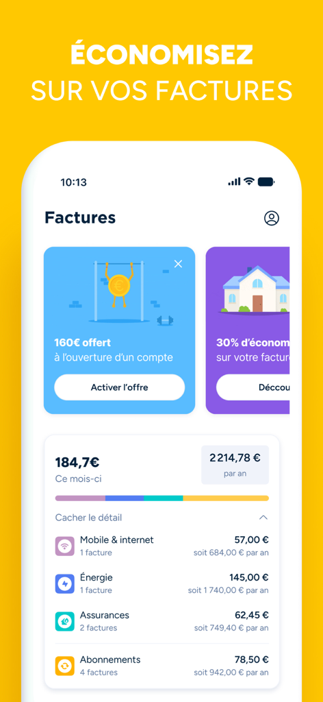 Interface de l'application Bankin montrant la ventilation mensuelle des factures et les opportunités d'économies pour l'énergie et Internet.