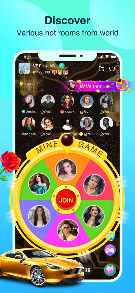 Falla-Make new friends - Mobile screenshot of Falla app featuring a group voice chat room and a mine game wheel