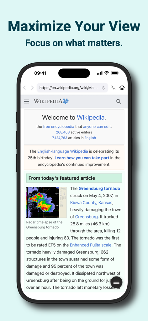 Split Screen Web Browser - iPhone showing a full screen Wikipedia page in focus mode using the Split Screen Web Browser app