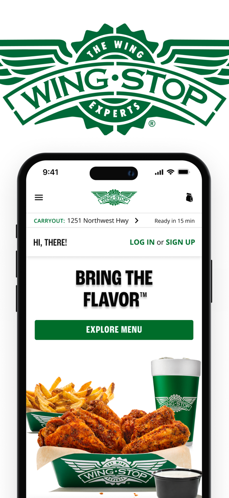 Wingstop mobile app interface featuring the bring the flavor message and images of wings and fries
