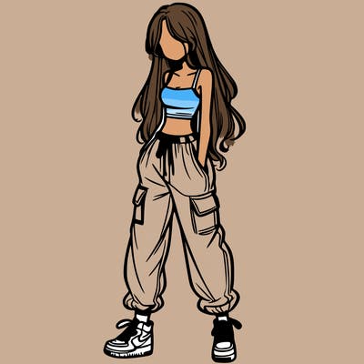 girl in baggy pants crop top and long hair