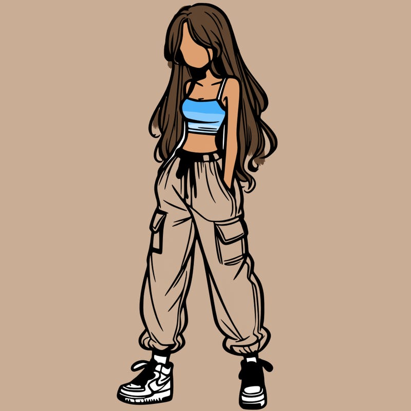 girl in baggy pants crop top and long hair