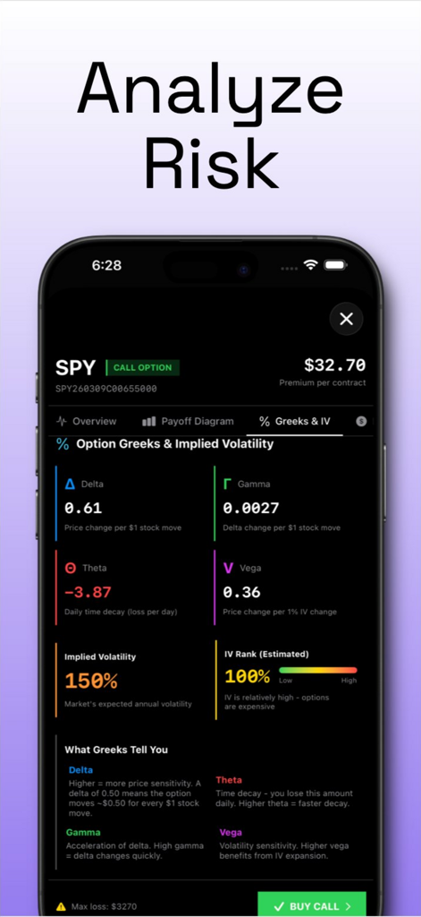 ENTON - ENTON app interface showing option Greeks and implied volatility for risk analysis