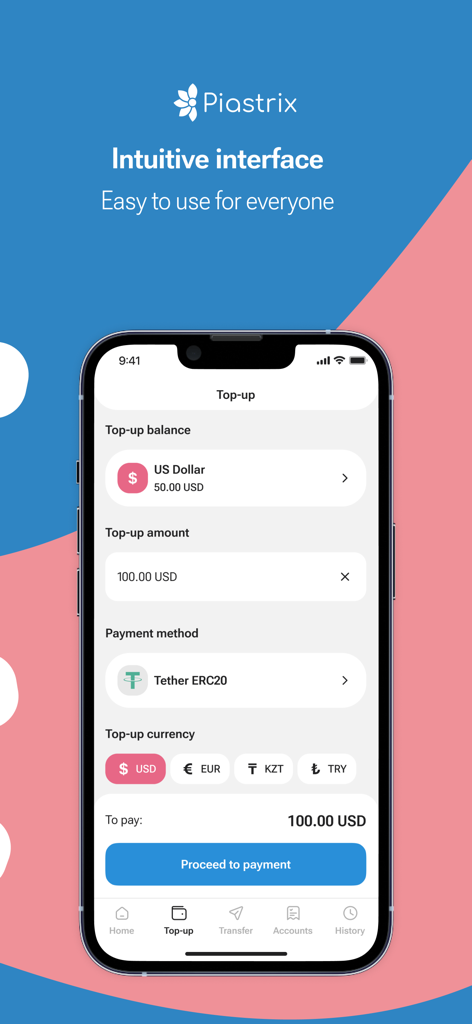 Piastrix mobile app top-up screen showing balance and payment methods