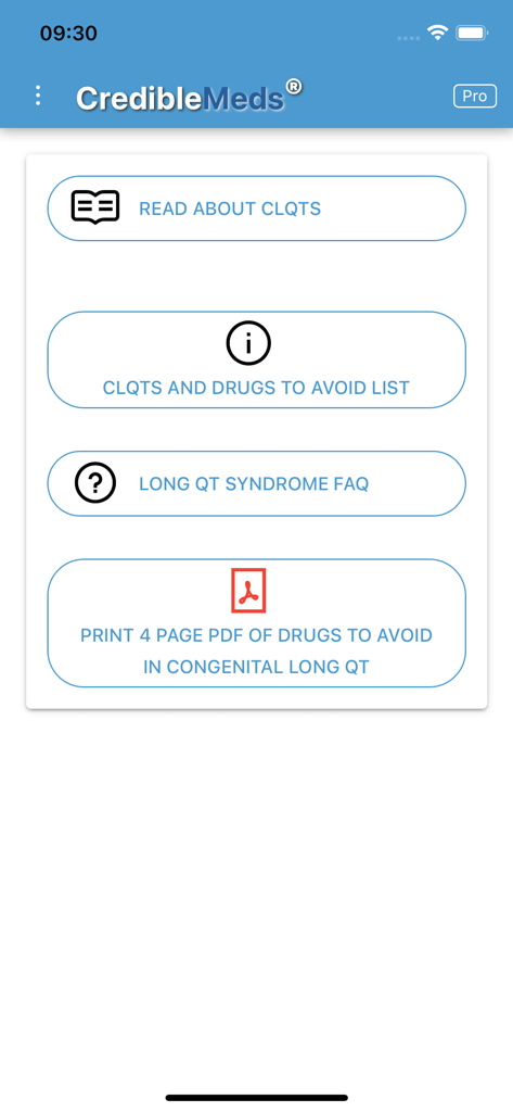 CredibleMeds mobile app menu showing CLQTS information and drugs to avoid list