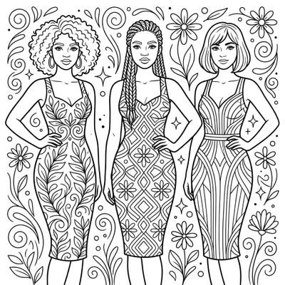 Dive into the world of fashion with this stunning bodycon dresses coloring template. Perfect for styling three elegant women in beautifully detailed gowns.