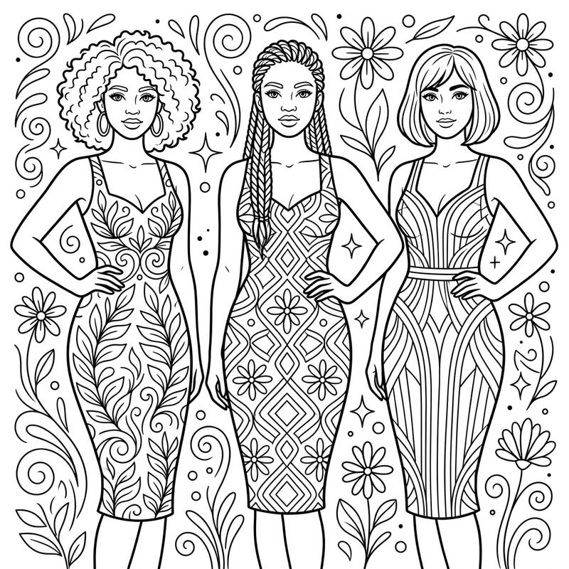 Dive into the world of fashion with this stunning bodycon dresses coloring template. Perfect for styling three elegant women in beautifully detailed gowns.