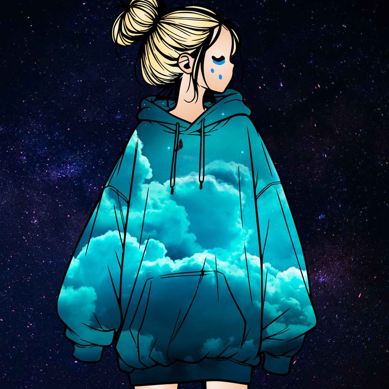 realistic girl with a oversized sweatshirt on and a bun