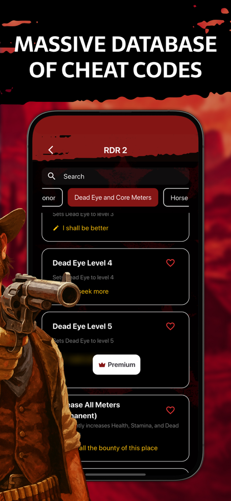 Screenshot of a mobile app showing a list of cheat codes for Red Dead Redemption 2