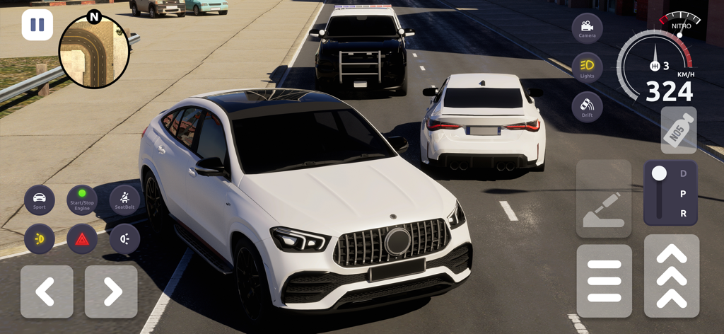 3D Suv Car Driving Simulator - Gameplay of the 3D SUV Car Driving Simulator showing a white SUV on a city road with game controls