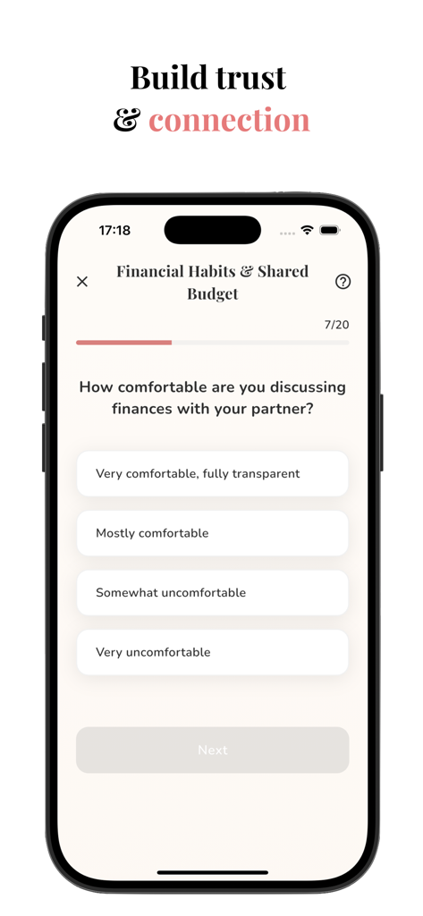 Before Yes: Pre Marriage Games - A smartphone screen displaying a pre-marriage quiz question about financial habits and shared budget within the Before Yes app.