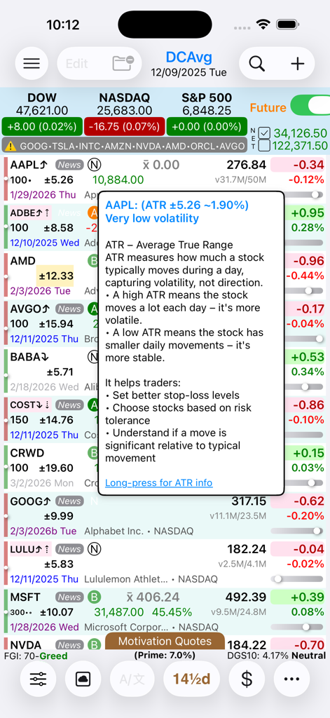 DCAvg - DCAvg app displaying stock watchlist and Average True Range volatility info