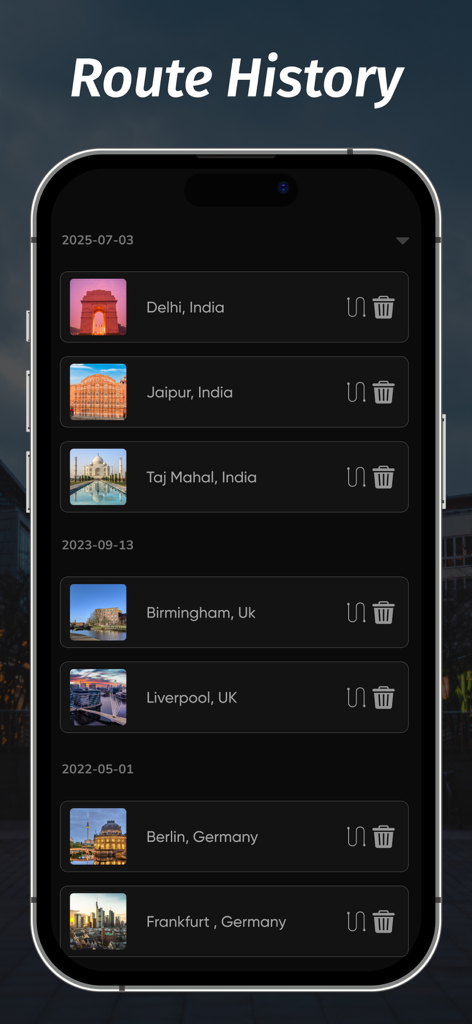 Street View Map Watch 3D View - App interface showing a list of saved routes and locations sorted by date.