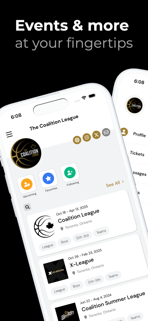 The Coalition League - Tela inicial do aplicativo móvel The Coalition League mostrando uma lista de ligas e torneios de basquete futuros