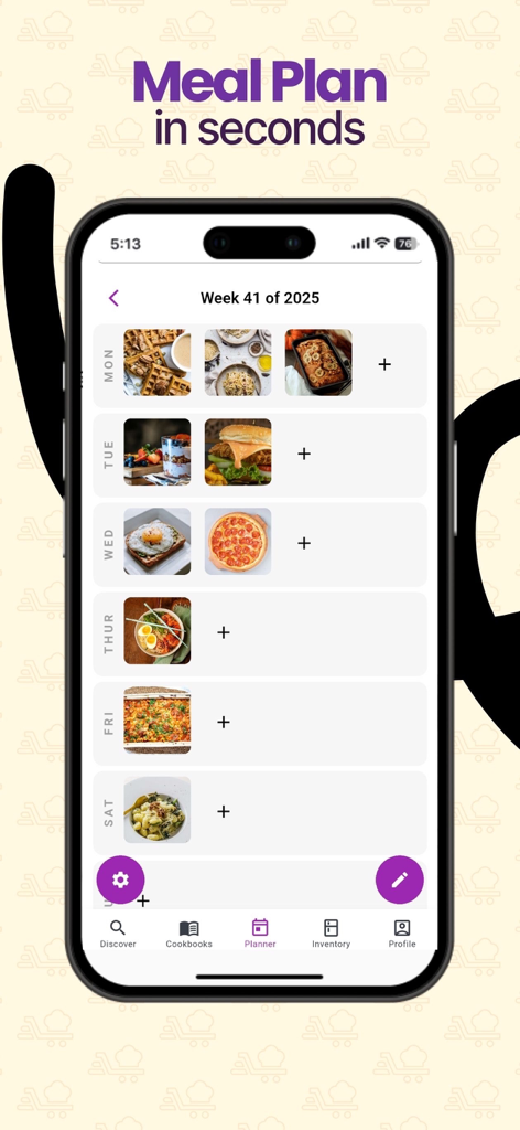 Savvy Chef - Savvy Chef app interface showing a weekly meal plan with recipe thumbnails organized by day