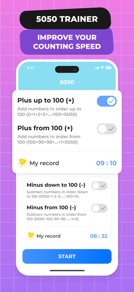 Matsy Abacus - Matsy Abacus app interface showing the 5050 trainer for improving mental math counting speed.