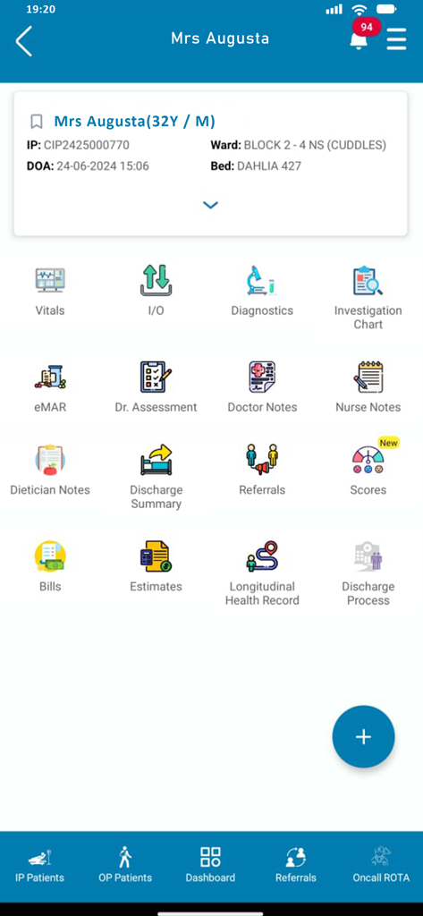 KIMS EHR mobile app interface showing a patient profile dashboard with icons for vitals, diagnostics, and doctor notes