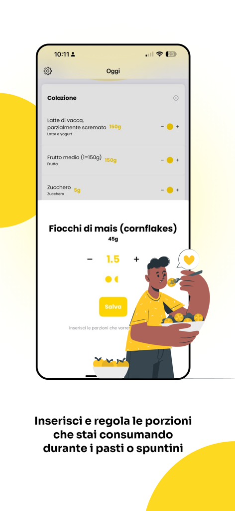 Interfaz de la aplicación Dieta a Porzioni que muestra a un usuario ajustando las porciones de cereales para el desayuno.