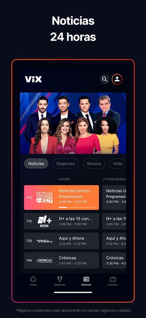 ViX: TV, Sports and News - ViXアプリのインターフェース、スペイン語の24時間ニュースを表示、ニュース番組とアンカーのスケジュールを表示